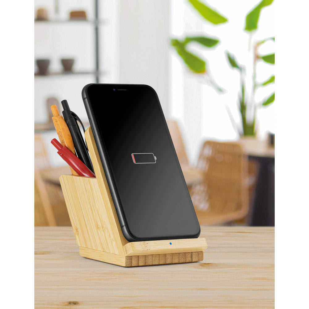 LEAVITT - Supporto Per Smartphone e Porta Biro con Caricatore Wireless Veloce da 10W in Bambù - Cod. 97940